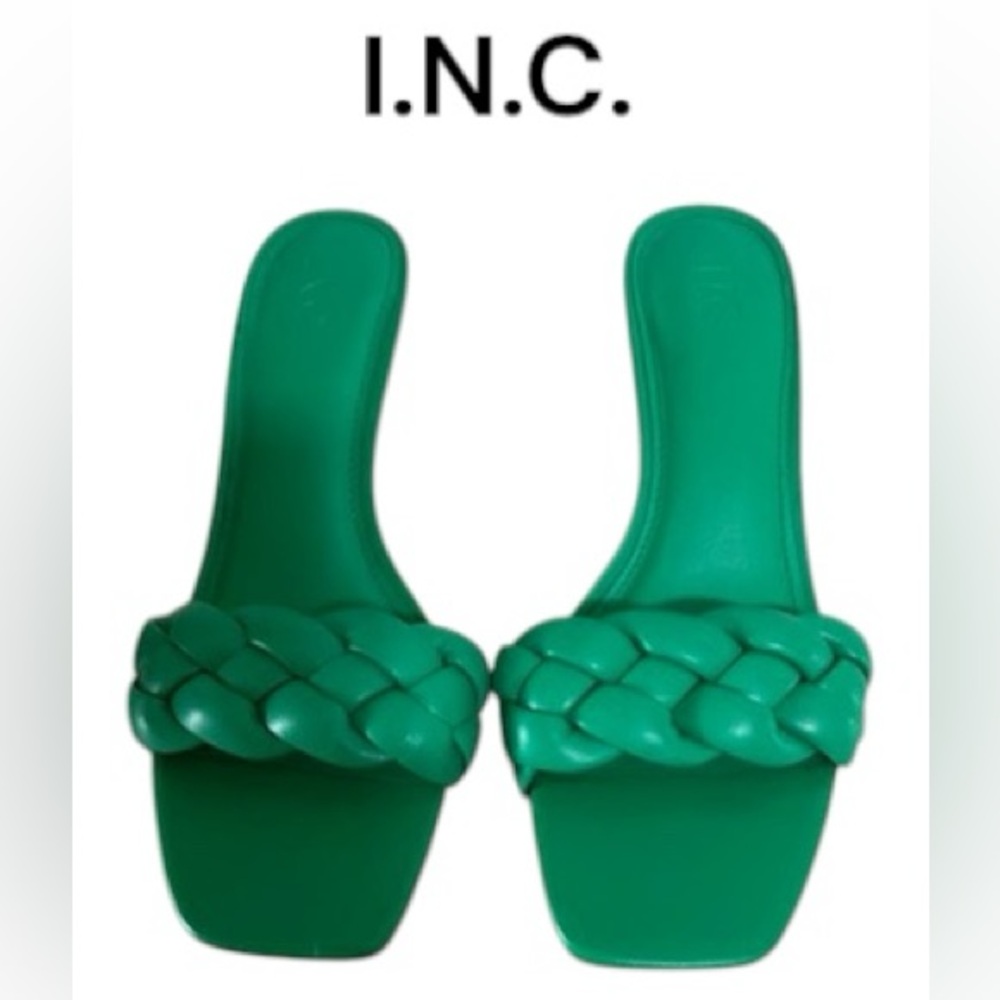 💖INC Womens Parker Faux Leather Braided Kitten Heel Sandals in Green | Size 10